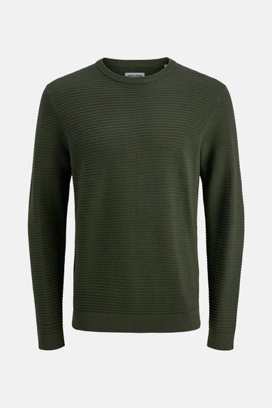 Pull vert à col rond de JACK & JONES, avec une texture côtelée horizontale.