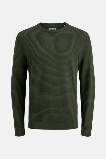 Groene trui met ronde hals van JACK & JONES, met een horizontale ribbelstructuur.