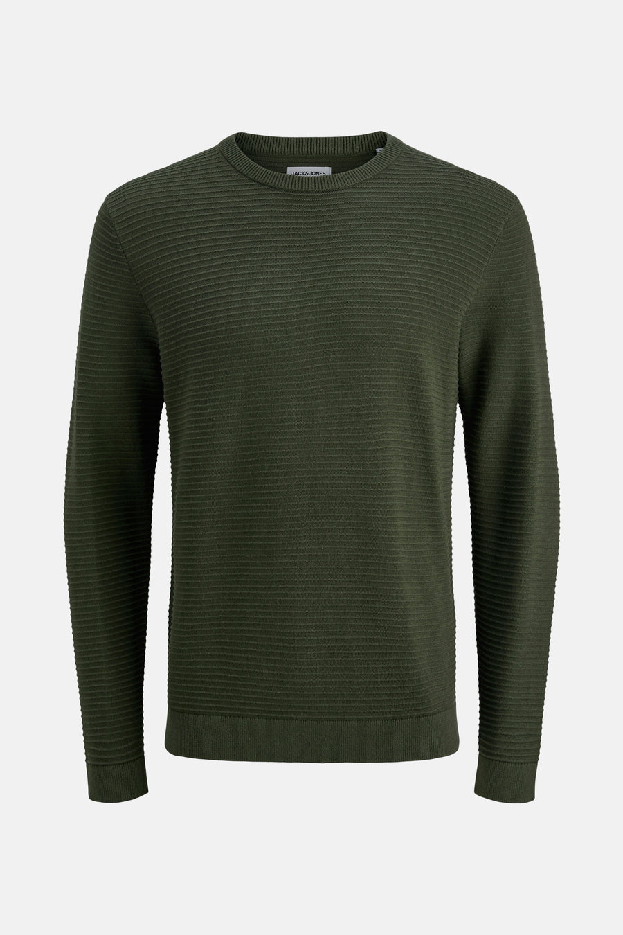 Pull vert à col rond de JACK & JONES, avec une texture côtelée horizontale.