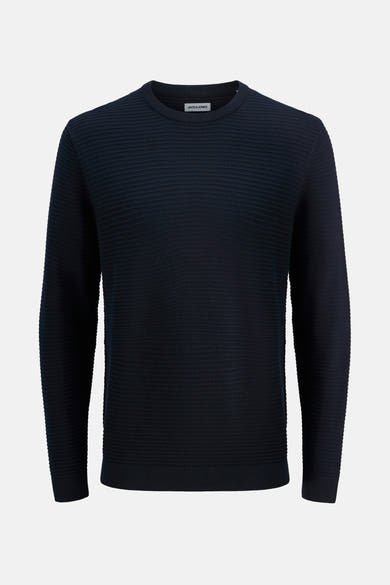 Pull à col rond bleu de JACK & JONES, avec une texture côtelée horizontale.