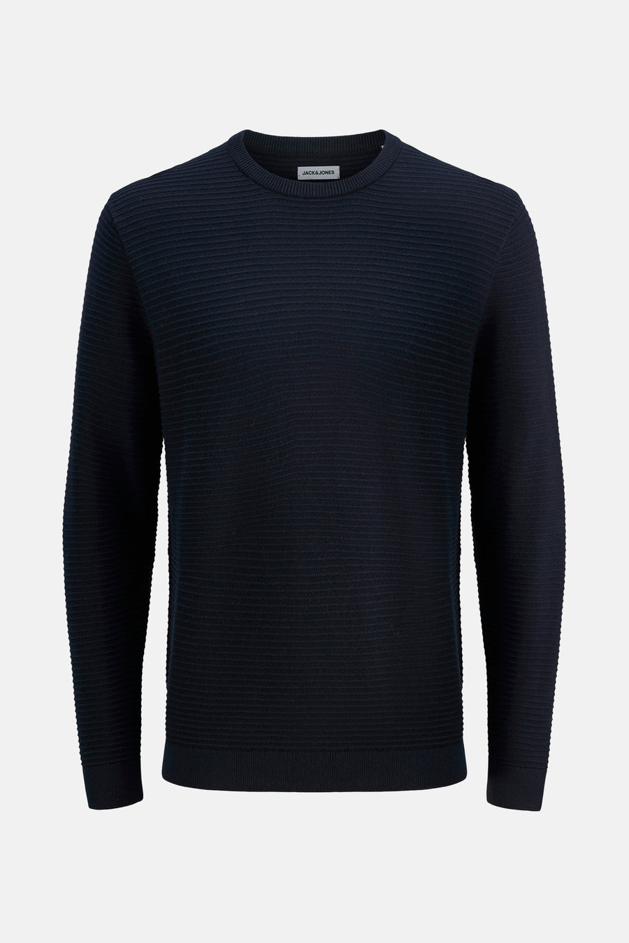 Pull à col rond bleu de JACK & JONES, avec une texture côtelée horizontale.