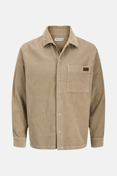 Bruin overhemd met lange mouwen van PREMIUM BLUE by JACK & JONES van corduroy met borstzak.