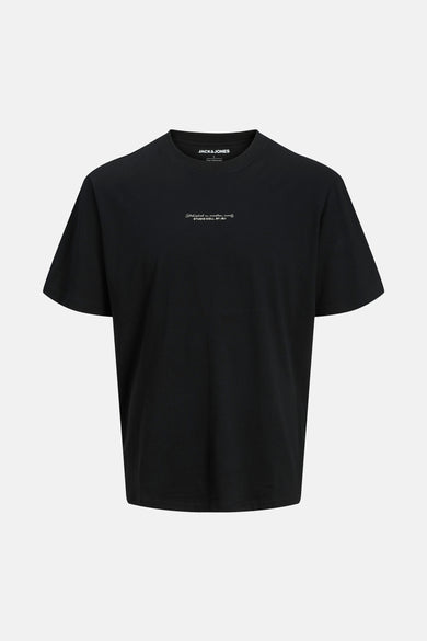 T-shirt noir à manches courtes de JACK & JONES, avec un petit motif imprimé sur la poitrine.