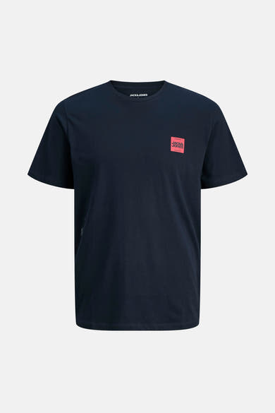 T-shirt bleu à manches courtes de ORIGINALS BY JACK & JONES avec un logo carré sur la poitrine.