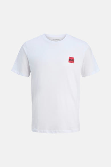 T-shirt blanc à manches courtes par ORIGINALS BY JACK & JONES avec un logo carré rouge.