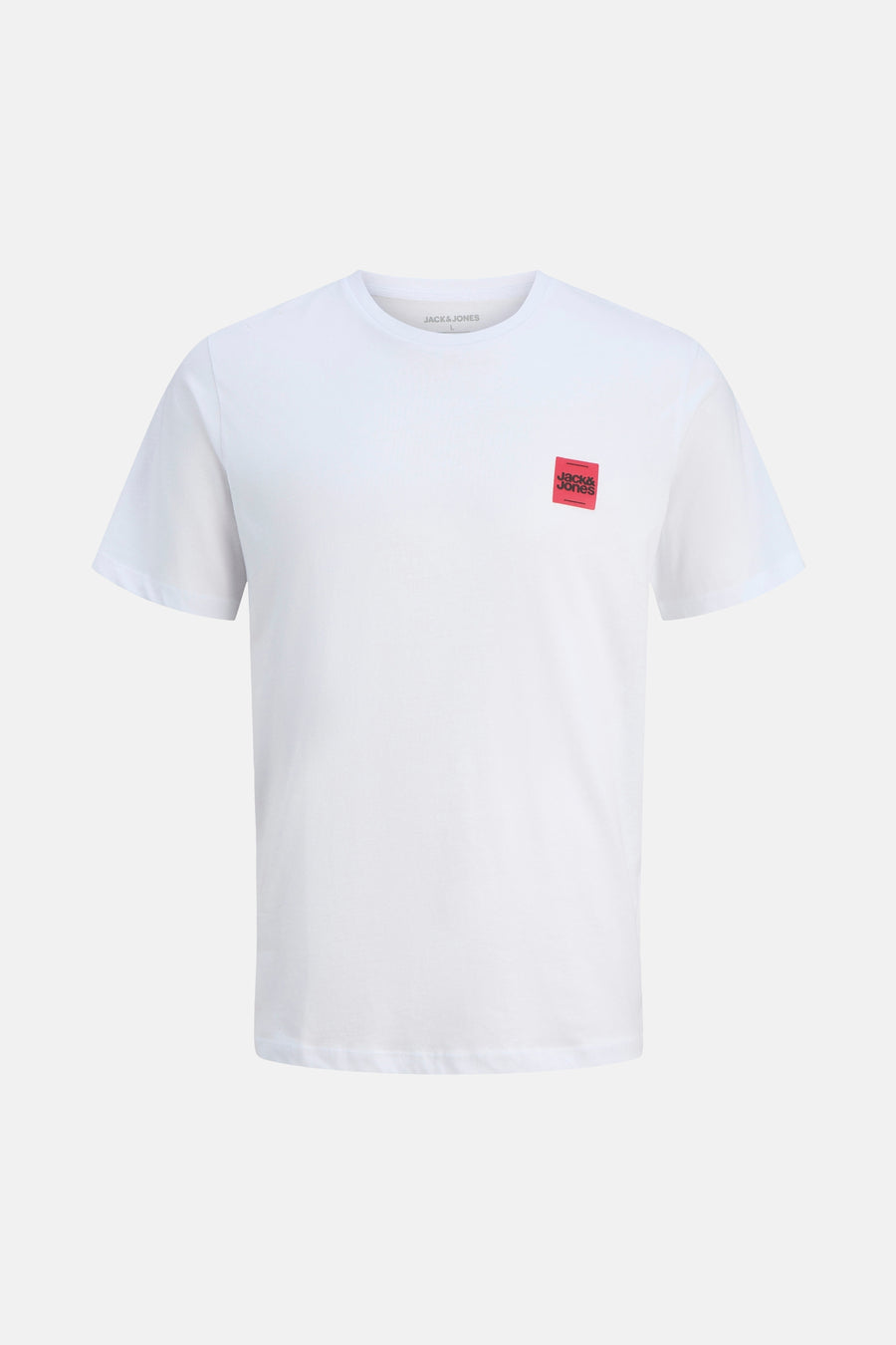 T-shirt blanc à manches courtes par ORIGINALS BY JACK & JONES avec un logo carré rouge.
