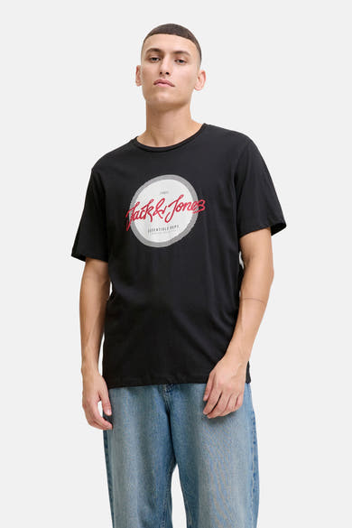 Zwart T-shirt met korte mouwen van ORIGINALS BY JACK & JONES, met een rond wit en rood logo.