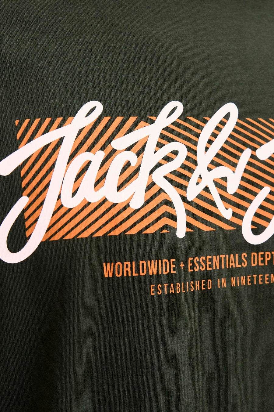 Groen T-shirt met korte mouwen van ORIGINALS BY JACK & JONES met oranje gestreept grafisch patroon en opdruk.