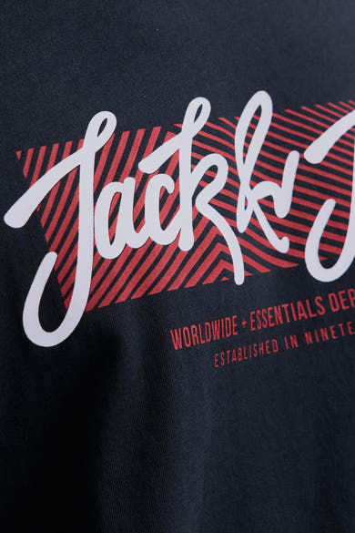 Blauw T-shirt met korte mouwen van ORIGINALS BY JACK & JONES met groot wit logo en rode strepen.