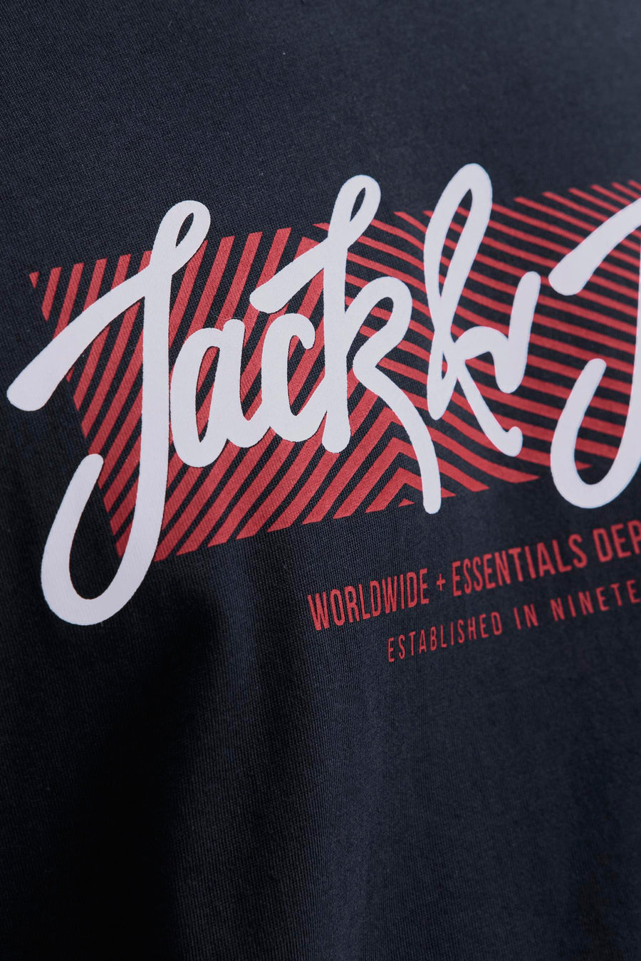 Blauw T-shirt met korte mouwen van ORIGINALS BY JACK & JONES met groot wit logo en rode strepen.