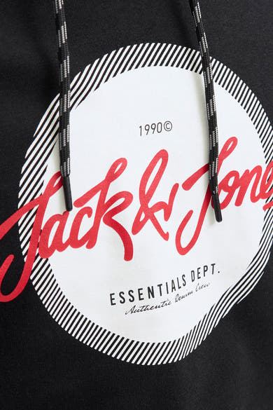 Zwarte hoodie van Originals by Jack & Jones, met trekkoord en opdruk op de voorkant.