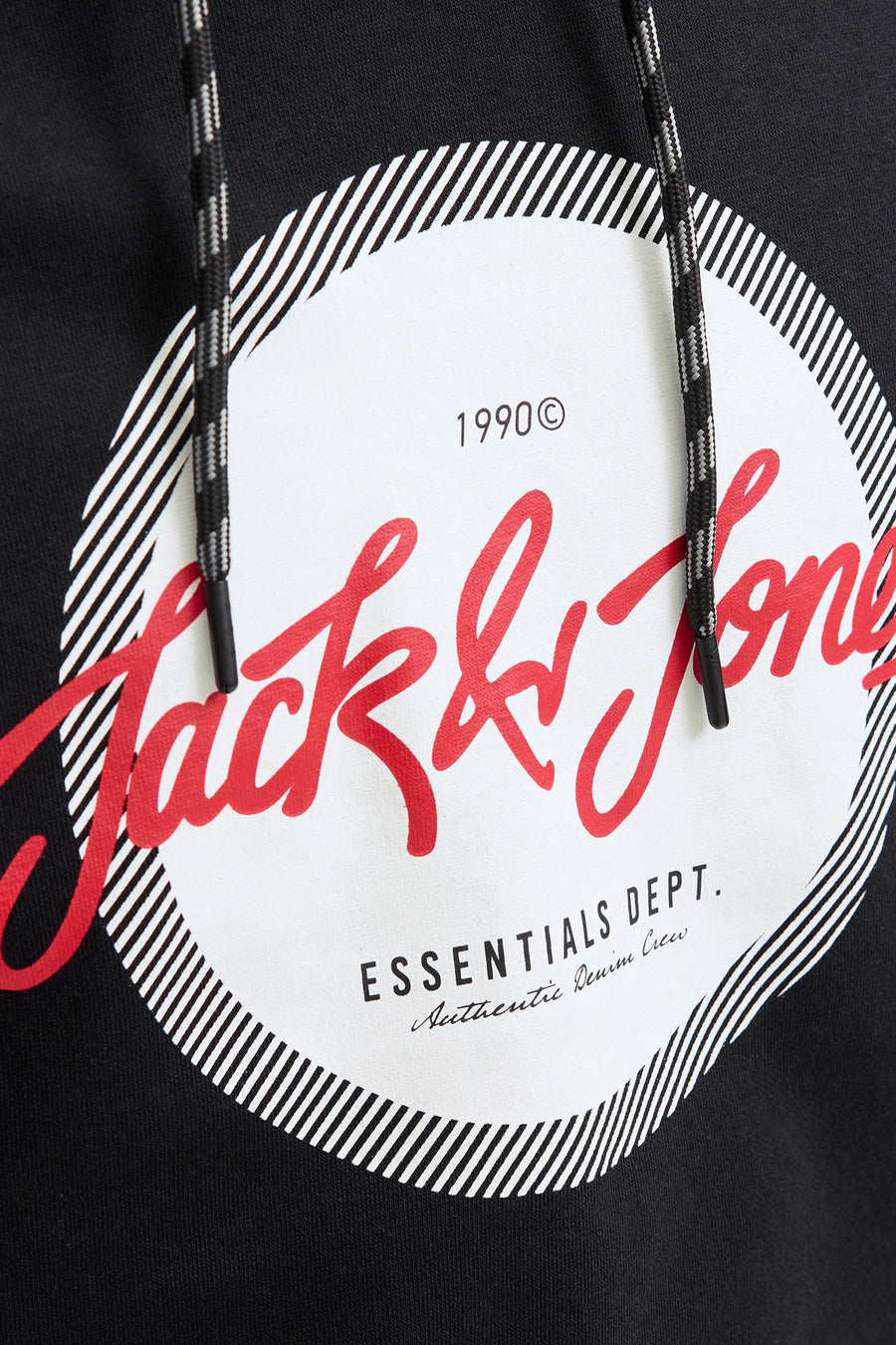 Zwarte hoodie van Originals by Jack & Jones, met trekkoord en opdruk op de voorkant.