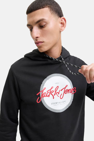 Zwarte hoodie ORIGINALS BY JACK & JONES met een grafische print op de voorkant.
