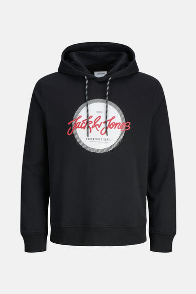 Zwarte hoodie van Originals by Jack & Jones, met opdruk op de voorkant en trekkoord.