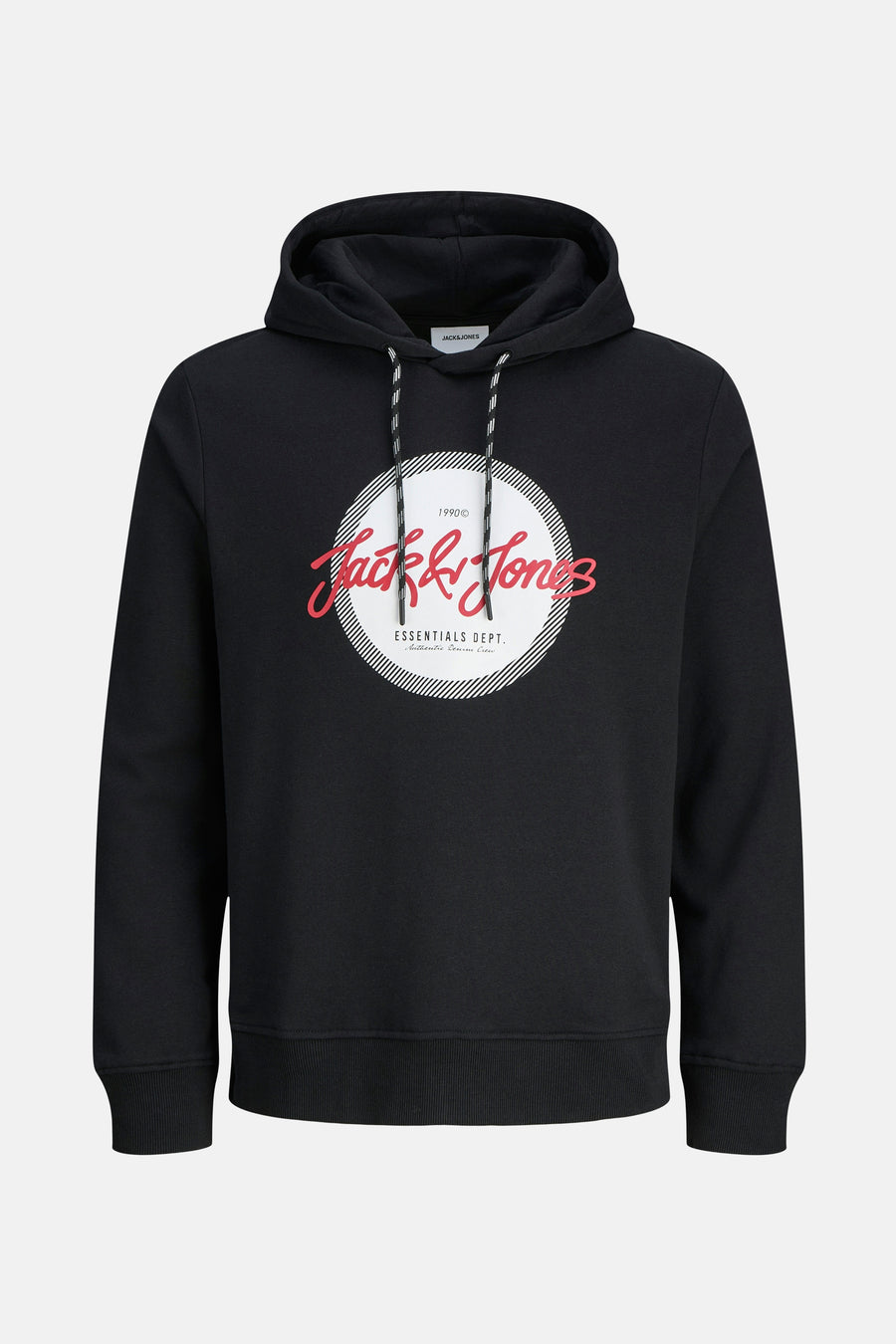 Zwarte hoodie van Originals by Jack & Jones, met opdruk op de voorkant en trekkoord.