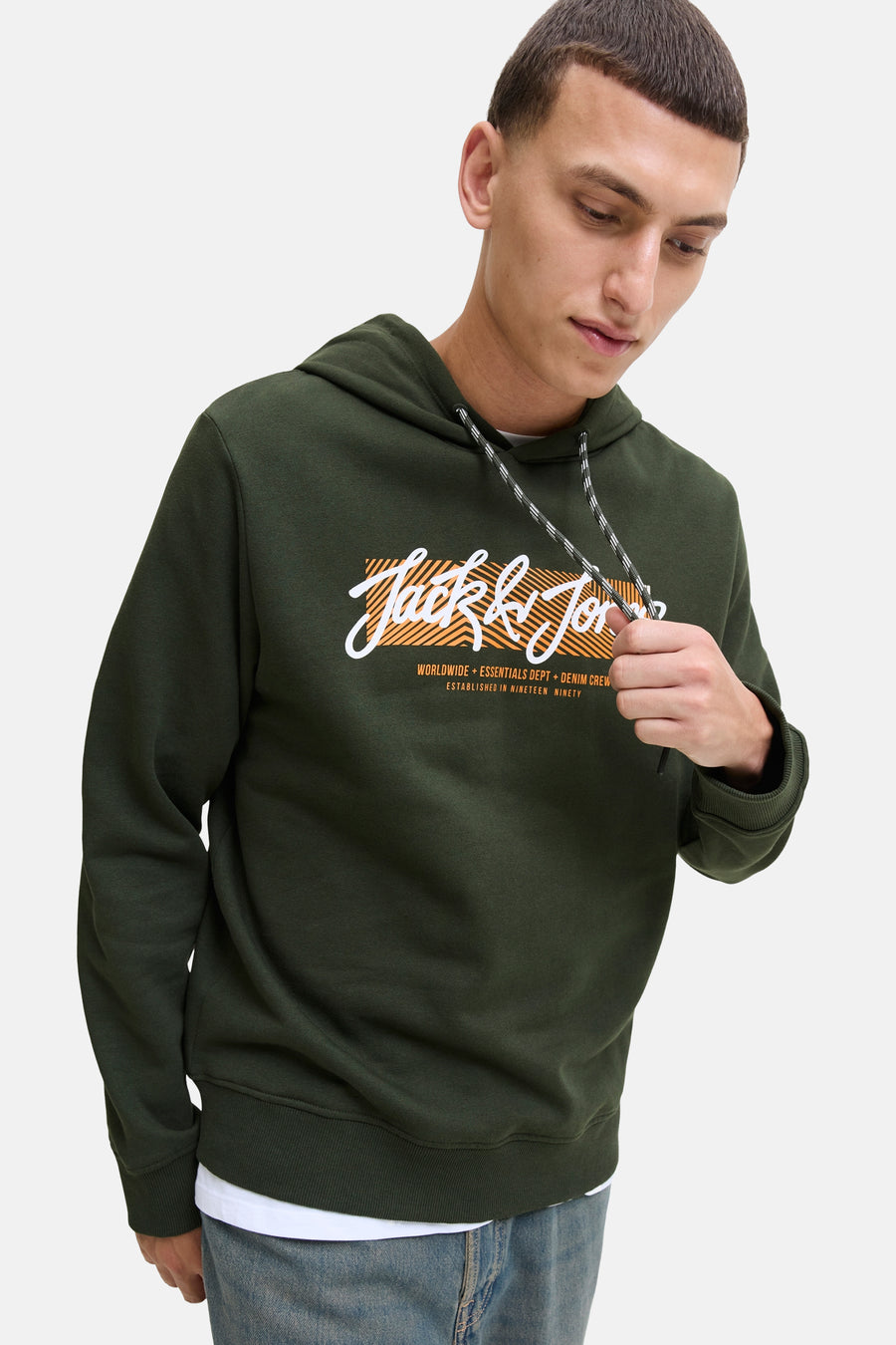Groene hoodie van ORIGINALS BY JACK & JONES, met trekkoord en opdruk.