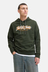 Groene hoodie van ORIGINALS BY JACK & JONES, met trekkoord, gedragen met een wit T-shirt en een blauwe jeans.