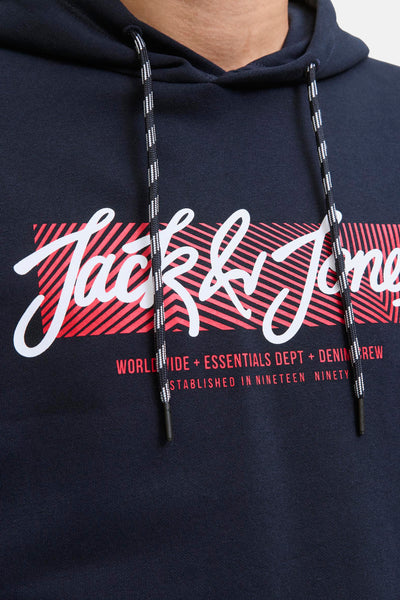 Sweat à capuche bleu par Originals by Jack & Jones, avec cordon rayé et logo rouge et blanc.