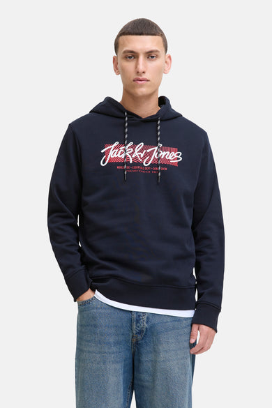 Blauwe hoodie van Originals by Jack & Jones, met gestreepte trekkoord en opgedrukte logo.