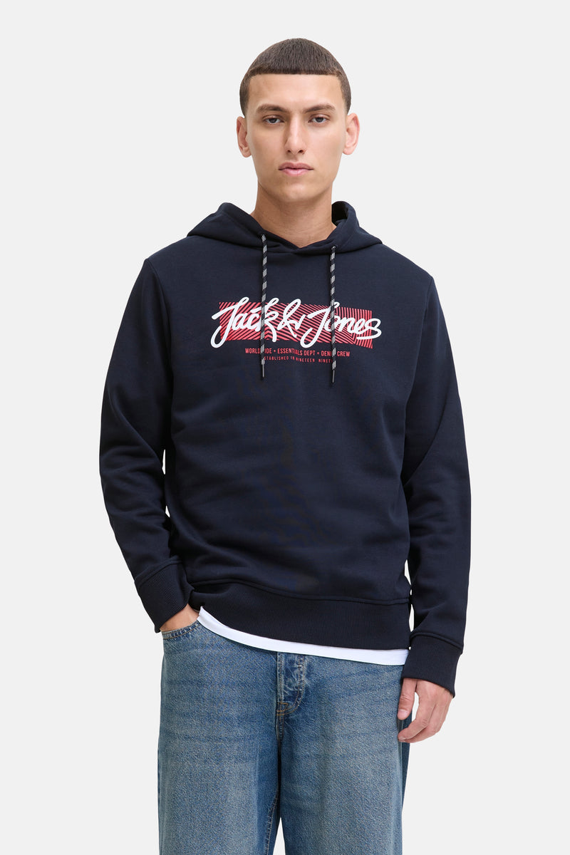 Blauwe hoodie van Originals by Jack & Jones, met gestreepte trekkoord en opgedrukte logo.