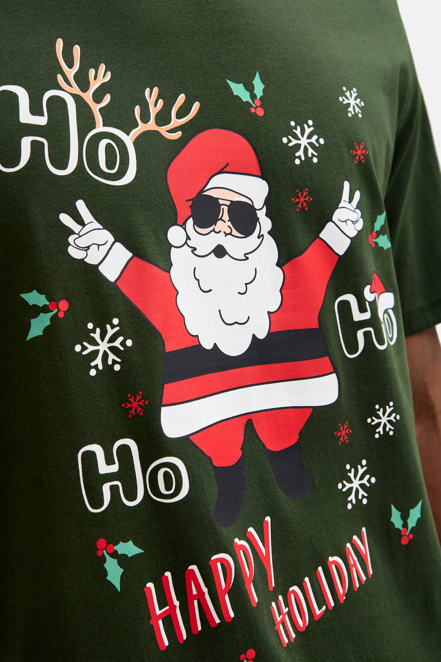 T-shirt à manches courtes vert, de Originals by Jack & Jones, avec imprimé festif Père Noël.