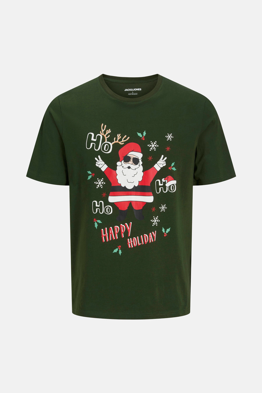 T-shirt à manches courtes vert par ORIGINALS BY JACK & JONES avec imprimé père Noël et inscription « Happy Holiday ».