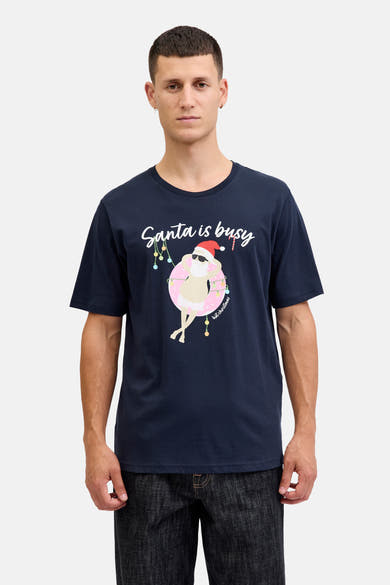 T-shirt bleu à manches courtes de Originals by Jack & Jones avec motif de Père Noël sur une bouée.