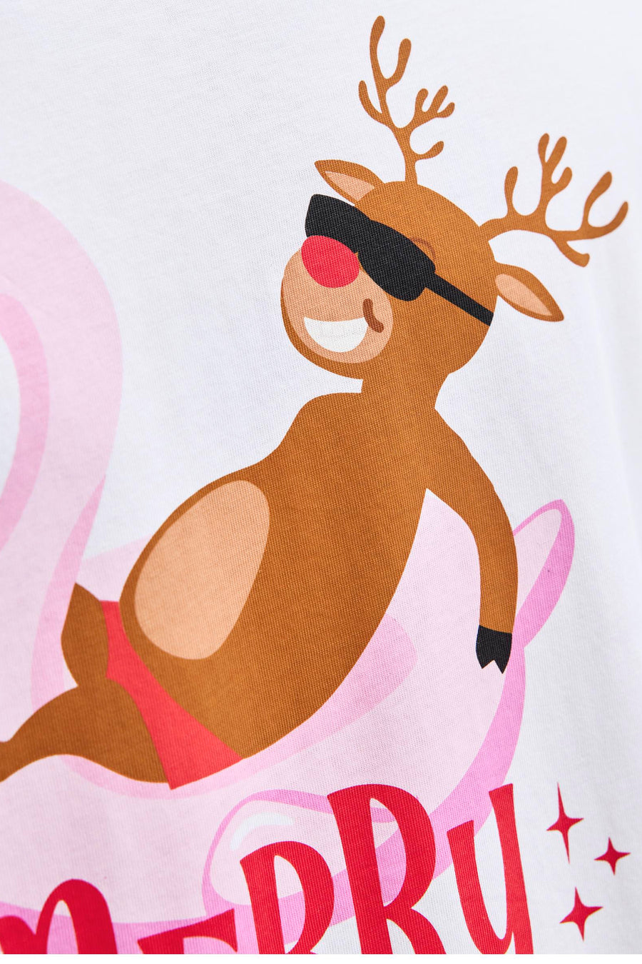 T-shirt à manches courtes blanc d'ORIGINALS BY JACK & JONES, avec motif renne de Noël sur bouée rose.