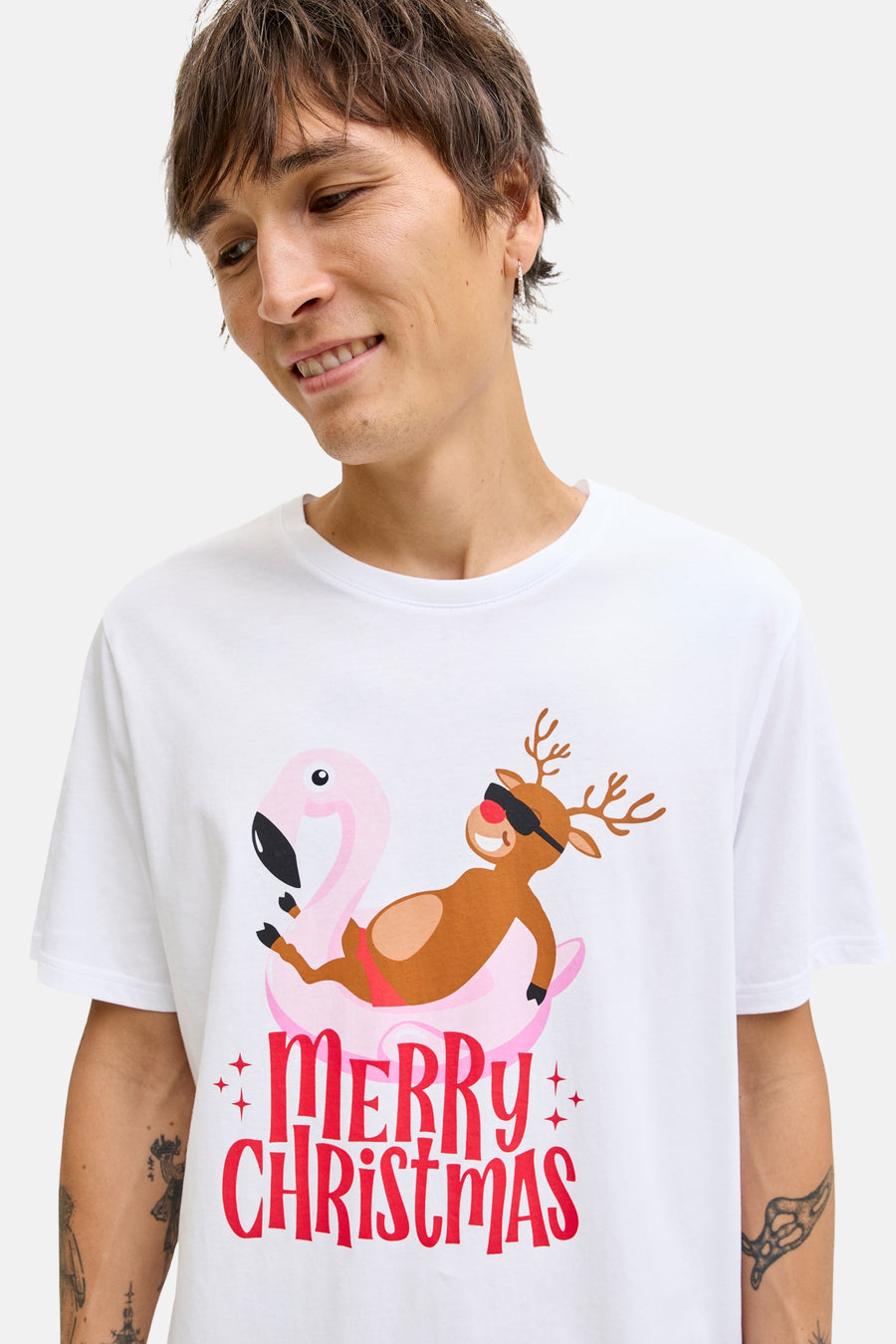 T-shirt blanc à manches courtes de ORIGINALS BY JACK & JONES avec motif imprimé de renne sur une bouée flamant rose.