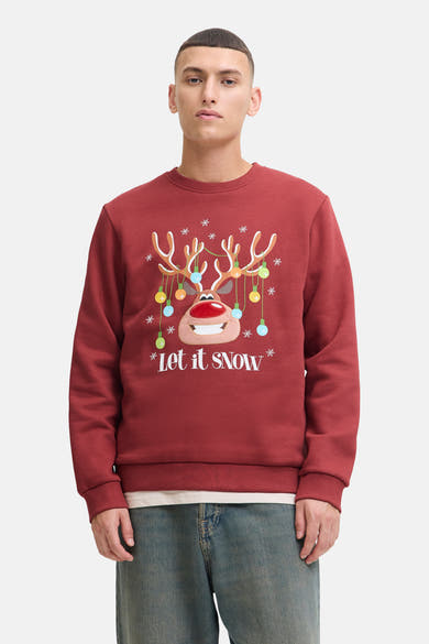 Sweat-shirt ras du cou rouge par ORIGINALS BY JACK & JONES avec motif de renne de Noël.