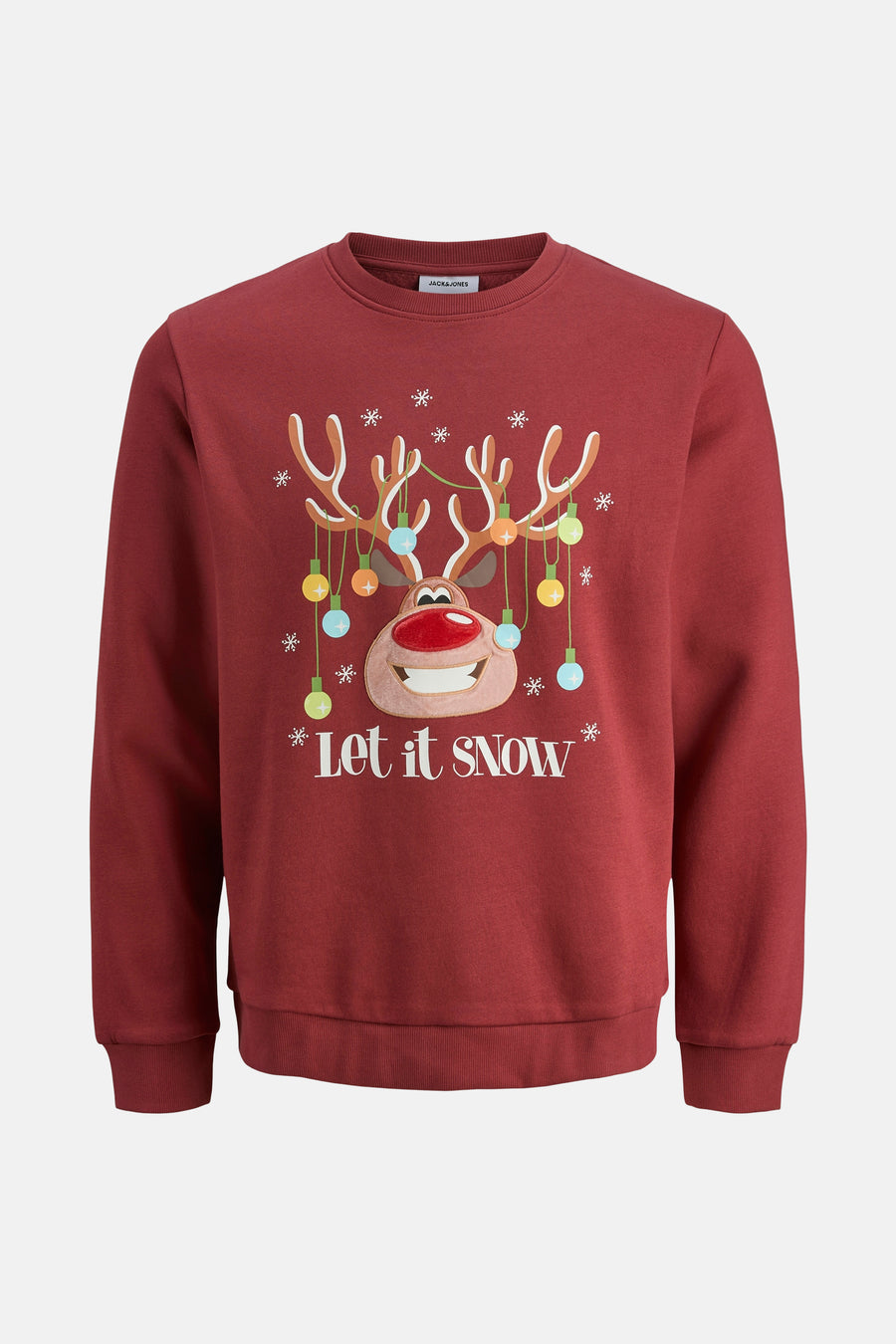 Sweat-shirt rouge Originals by Jack & Jones avec motif renne de Noël et l'inscription "Let it snow".