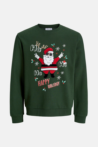 Sweat vert par ORIGINALS BY JACK & JONES avec un motif de père Noël et l'inscription « Happy Holiday ».