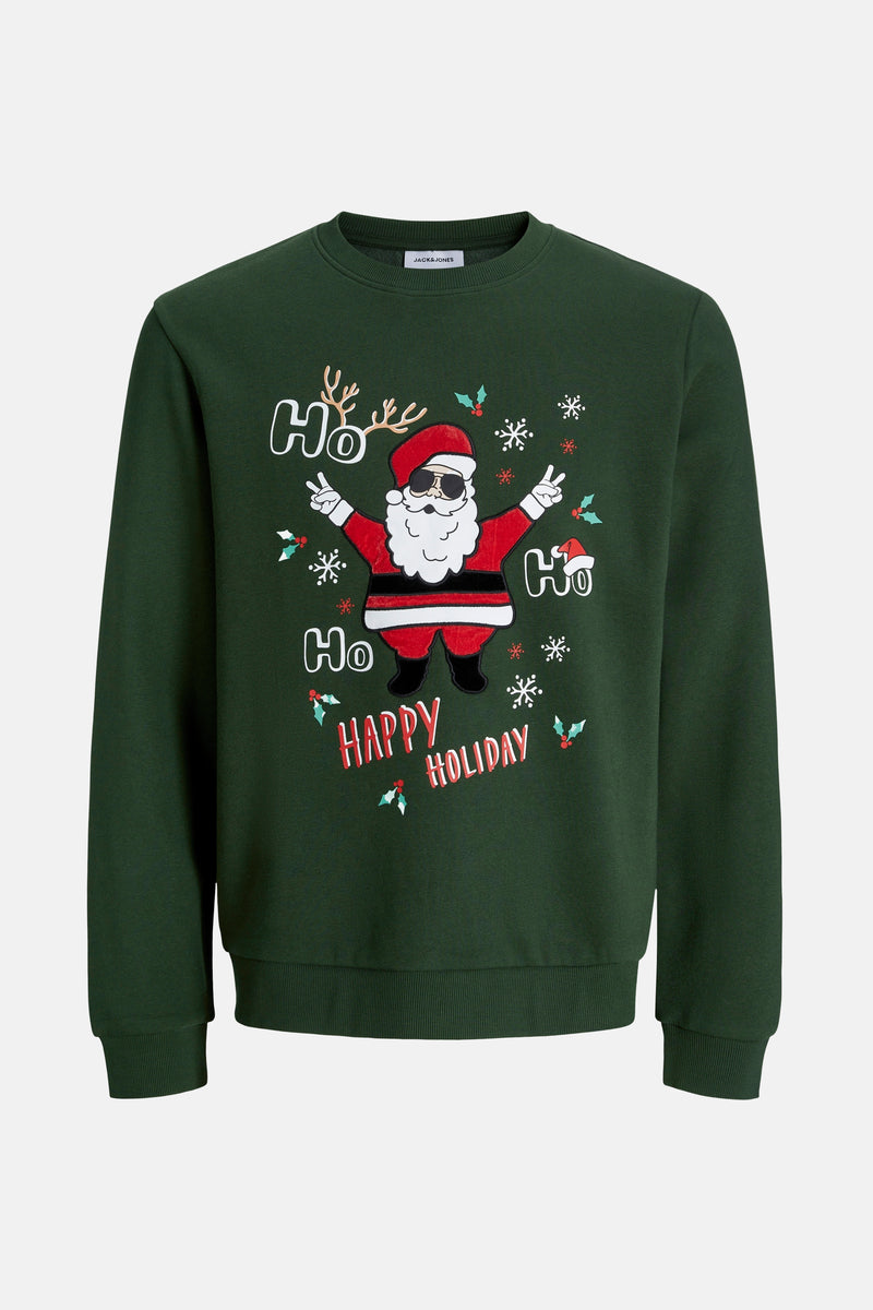 Sweat vert par ORIGINALS BY JACK & JONES avec un motif de père Noël et l'inscription « Happy Holiday ».