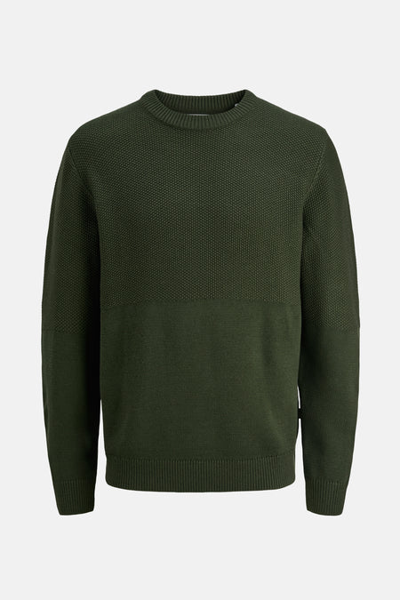 Groene trui met ronde hals van JACK & JONES, met een getextureerd patroon aan de bovenkant en lange mouwen.
