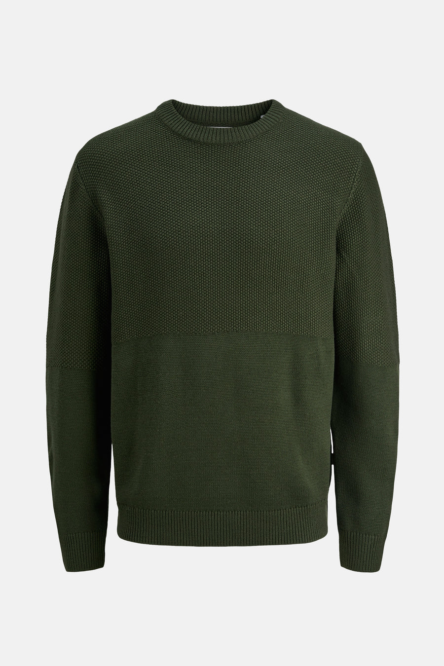 Groene trui met ronde hals van JACK & JONES, met een getextureerd patroon aan de bovenkant en lange mouwen.