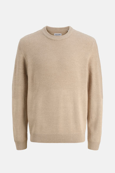 Beige ronde hals trui van JACK & JONES, met een wafelgebreide textuur.