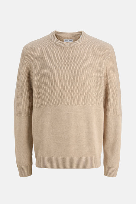 Beige ronde hals trui van JACK & JONES, met een wafelgebreide textuur.