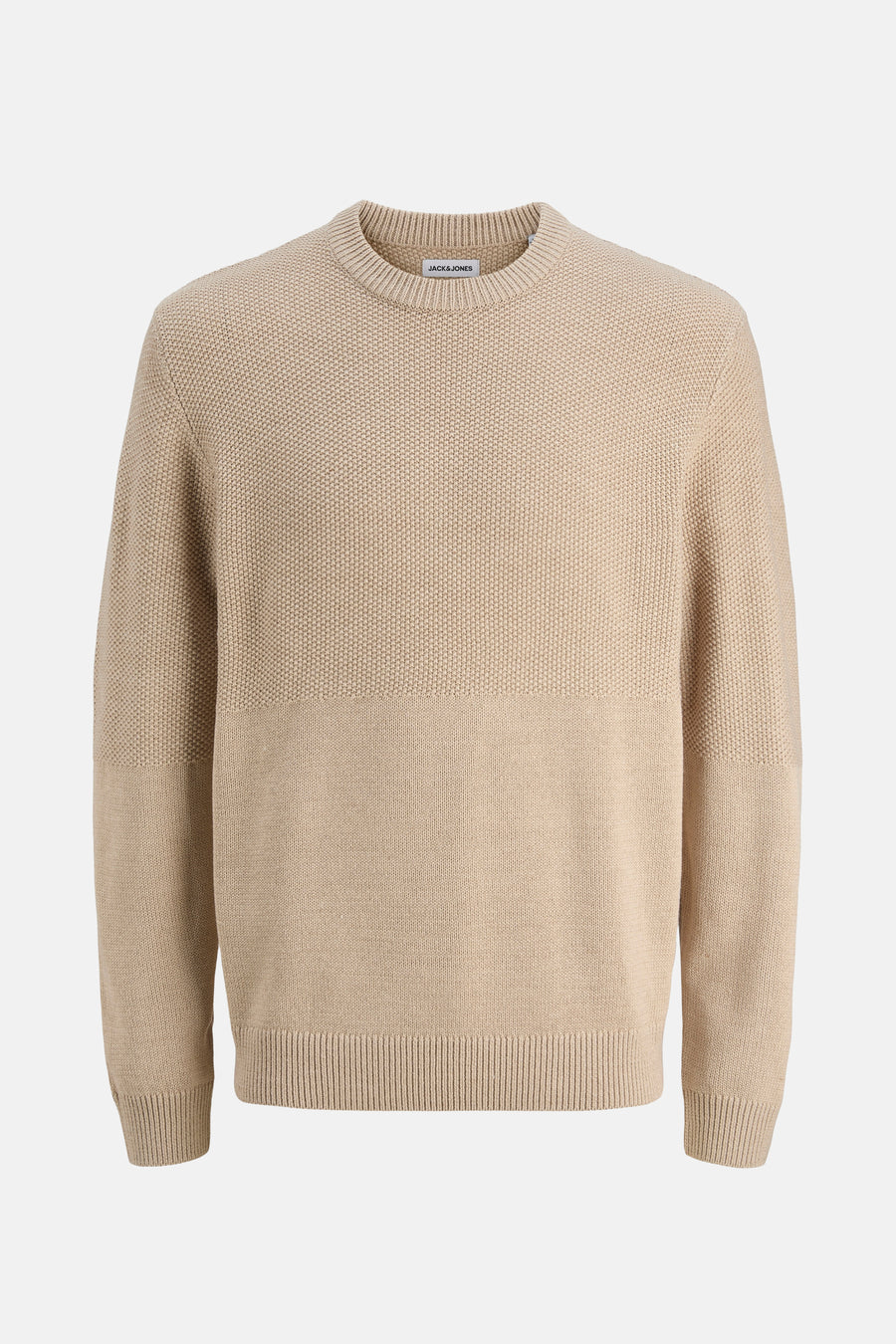 Beige ronde hals trui van JACK & JONES, met een wafelgebreide textuur.