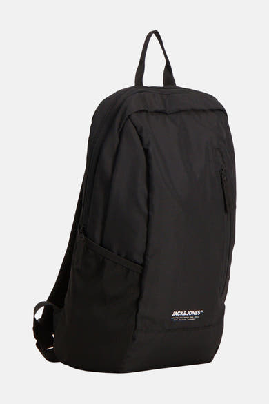 Sac à dos noir de ACCESSORIES BY JACK & JONES avec poche zippée latérale et logo imprimé en bas.