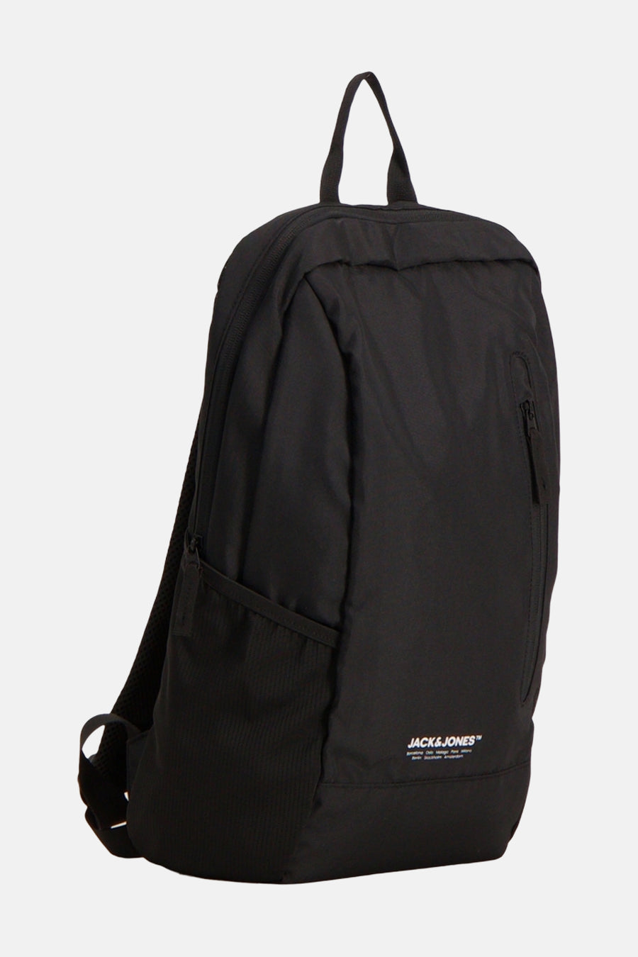 Sac à dos noir de ACCESSORIES BY JACK & JONES avec poche zippée latérale et logo imprimé en bas.