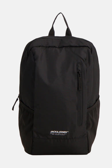 Sac à dos noir de ACCESSORIES BY JACK & JONES, avec une poche zippée verticale et des poches latérales en filet.