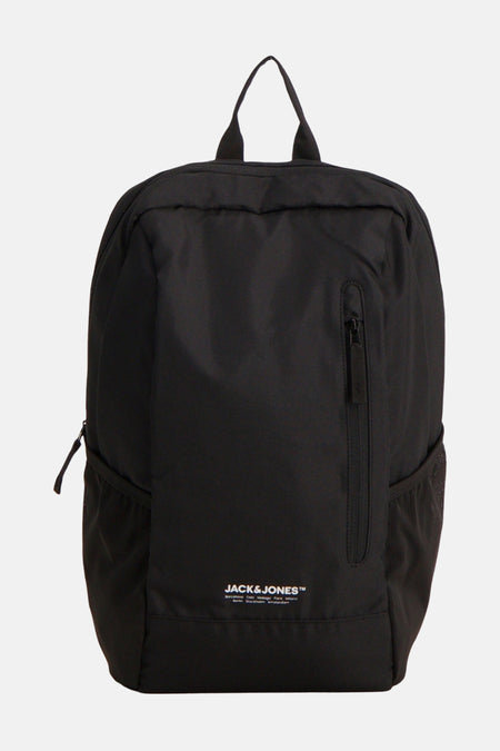 Sac à dos noir de ACCESSORIES BY JACK & JONES, avec une poche zippée verticale et des poches latérales en filet.