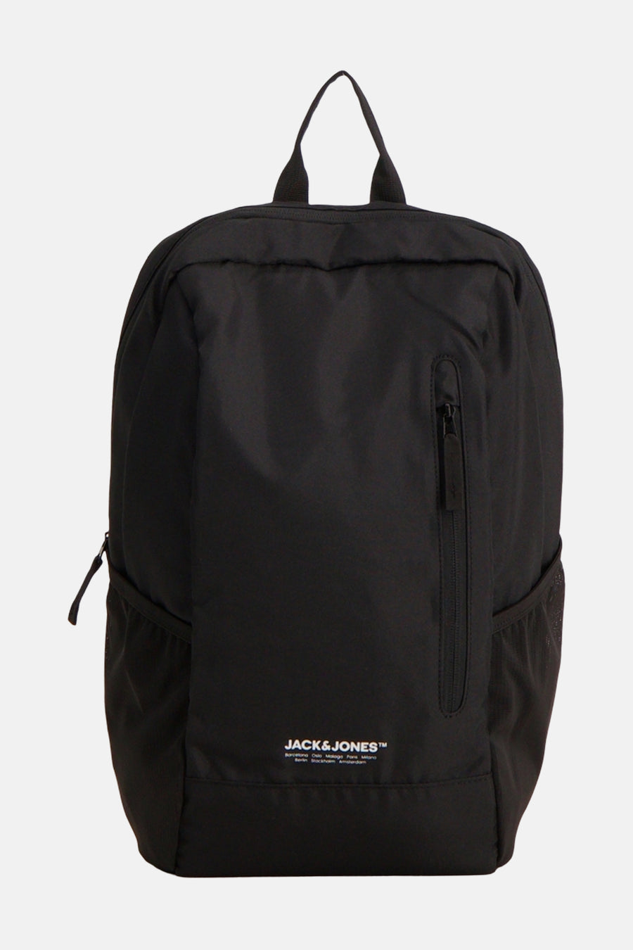 Sac à dos noir de ACCESSORIES BY JACK & JONES, avec une poche zippée verticale et des poches latérales en filet.