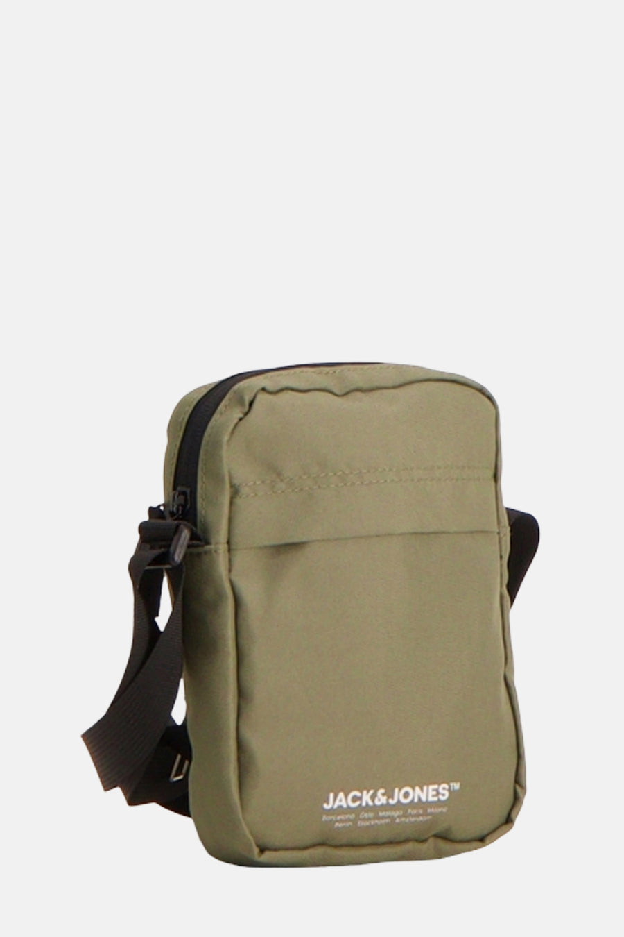 Sac à bandoulière kaki de ACCESSORIES BY JACK & JONES, avec une bandoulière noire réglable et une poche extérieure.

