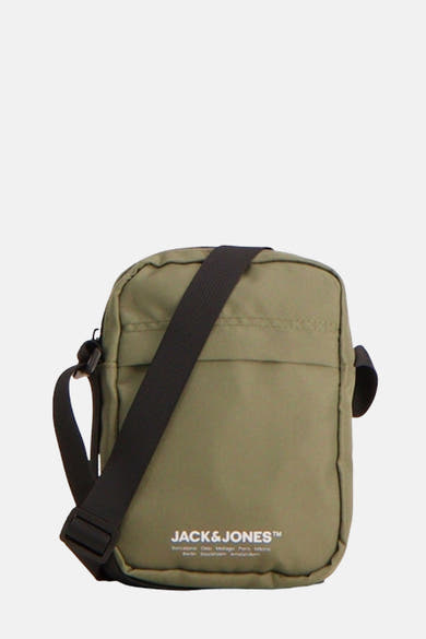 Sac à bandoulière kaki ACCESSORIES BY JACK & JONES avec bandoulière noire, vue de face.
