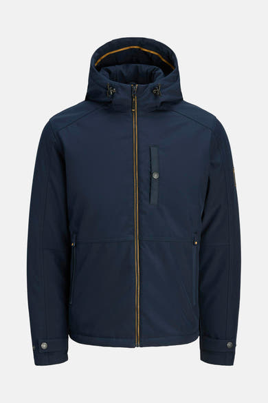 Veste courte bleue de PREMIUM BLUE by JACK & JONES, avec capuche et fermeture éclair jaune.