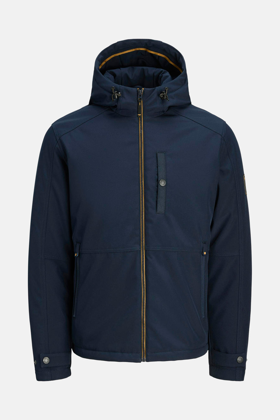 Veste courte bleue de PREMIUM BLUE by JACK & JONES, avec capuche et fermeture éclair jaune.