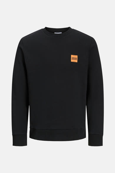 Sweat-shirt noir Originals by JACK & JONES, avec un logo carré orange sur la poitrine.