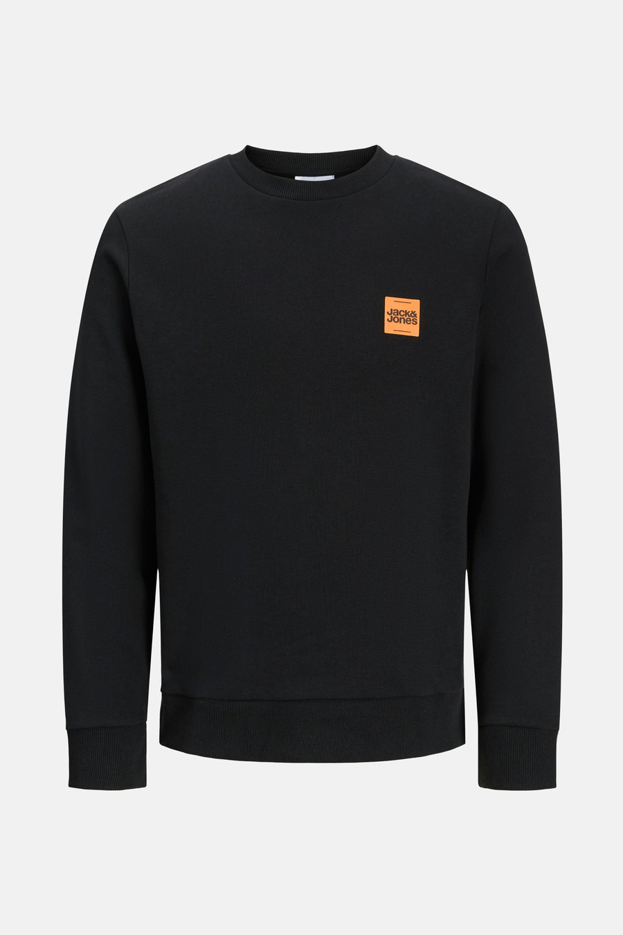 Sweat-shirt noir Originals by JACK & JONES, avec un logo carré orange sur la poitrine.