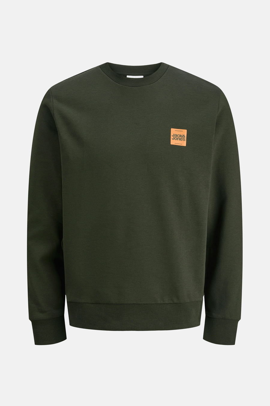 Sweat vert à col rond de ORIGINALS BY JACK & JONES, avec un logo carré orange sur la poitrine.